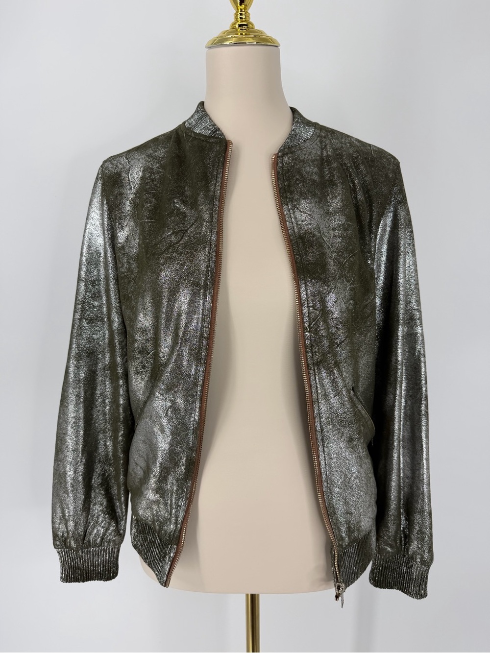 Zara, Olive/Metallic Bomber Jacket, Size XS - Picture 4 of 15